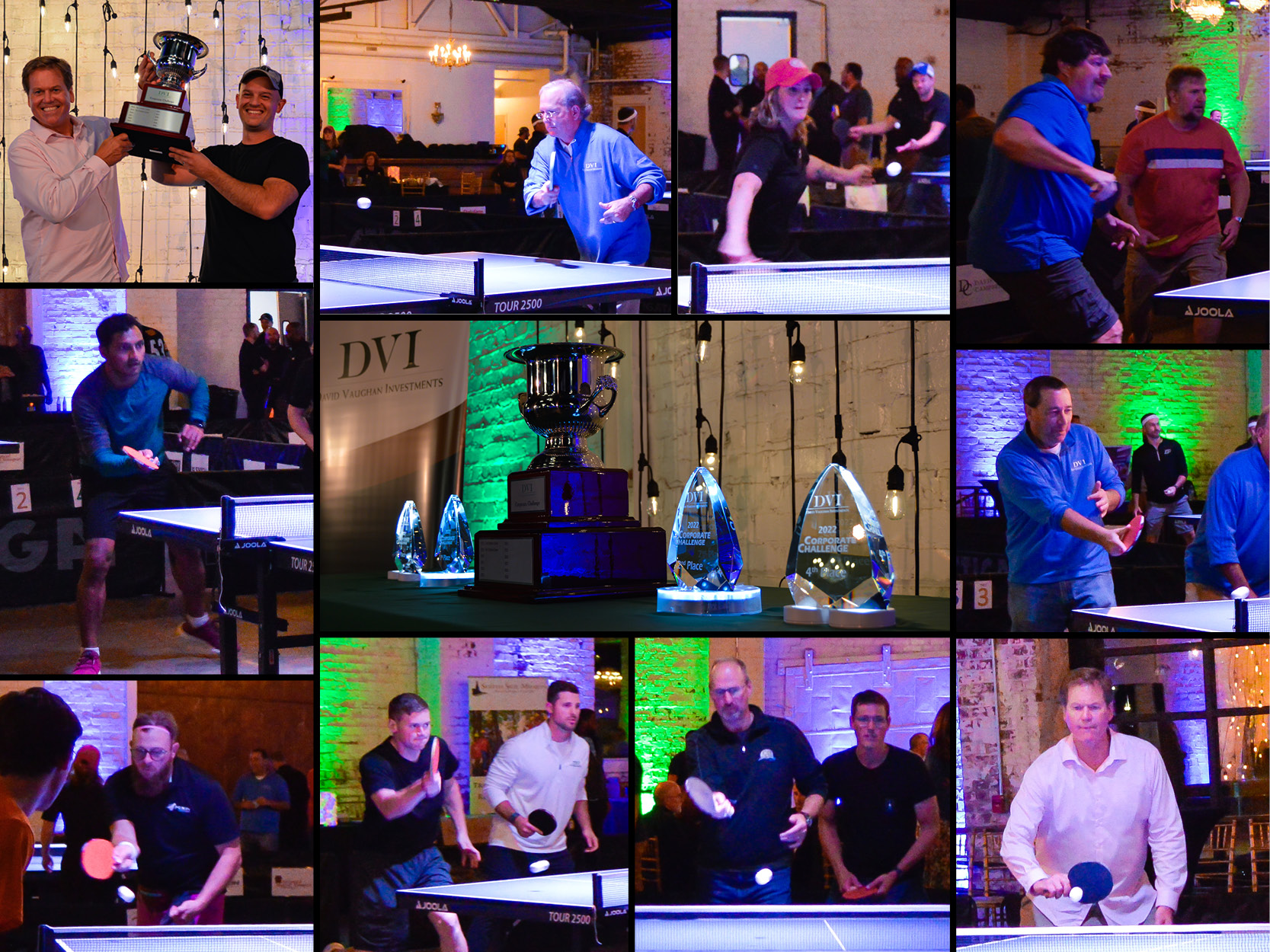 A collage of 10 ping pong action shots surrounding a photo of the trophies the winners are destined to bring home